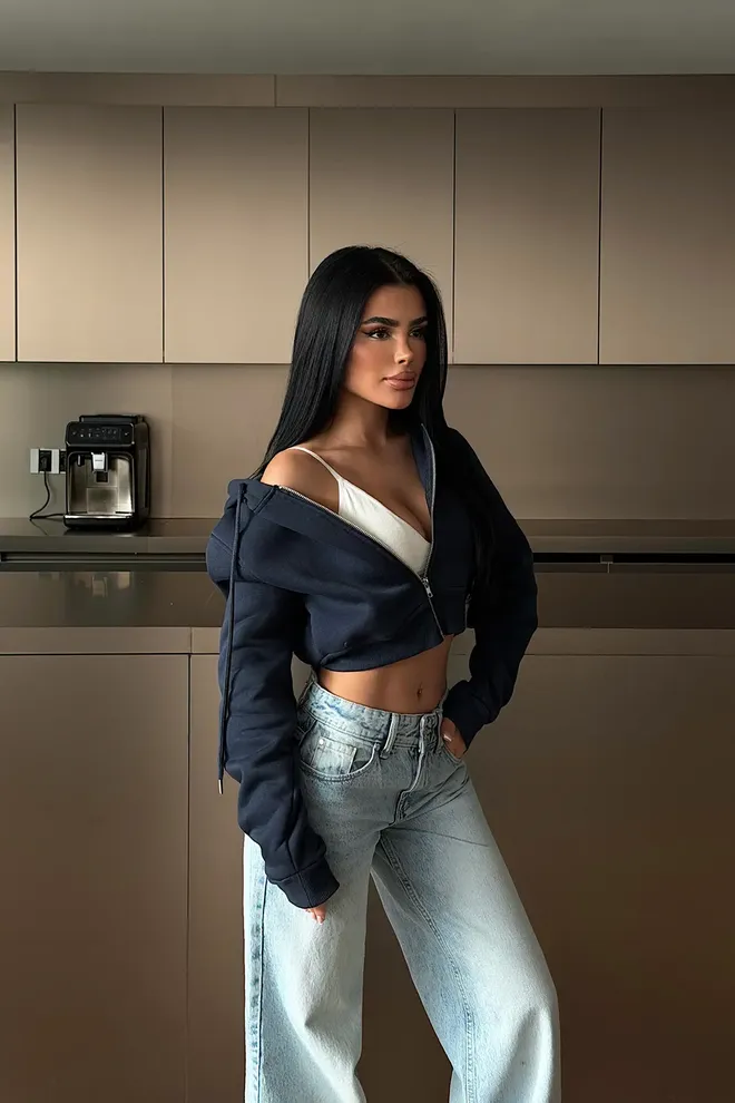 EYYO ATELIER Navy Blue Zip Up Slim Fit Hooded Neck Crop Cardigan Wholesale Clothing Lounge