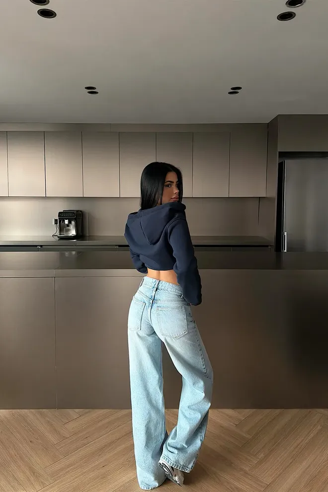 EYYO ATELIER Navy Blue Zip Up Slim Fit Hooded Neck Crop Cardigan Wholesale Clothing Spring