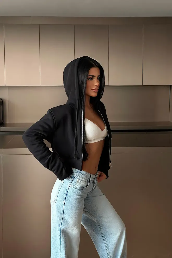 EYYO ATELIER Black Fitted Zip Up Crop Cardigan With Hood Wholesale Clothing 1