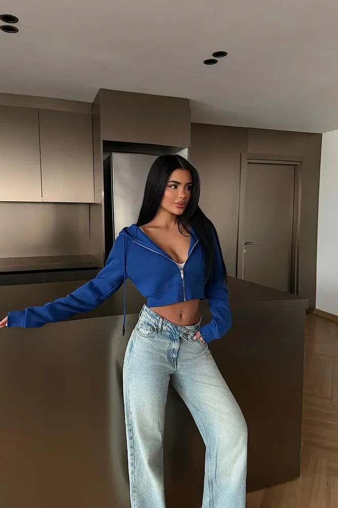 EYYO ATELIER Blue Slim Fit Crop Cardigan With Hooded Neck Wholesale Clothing 1