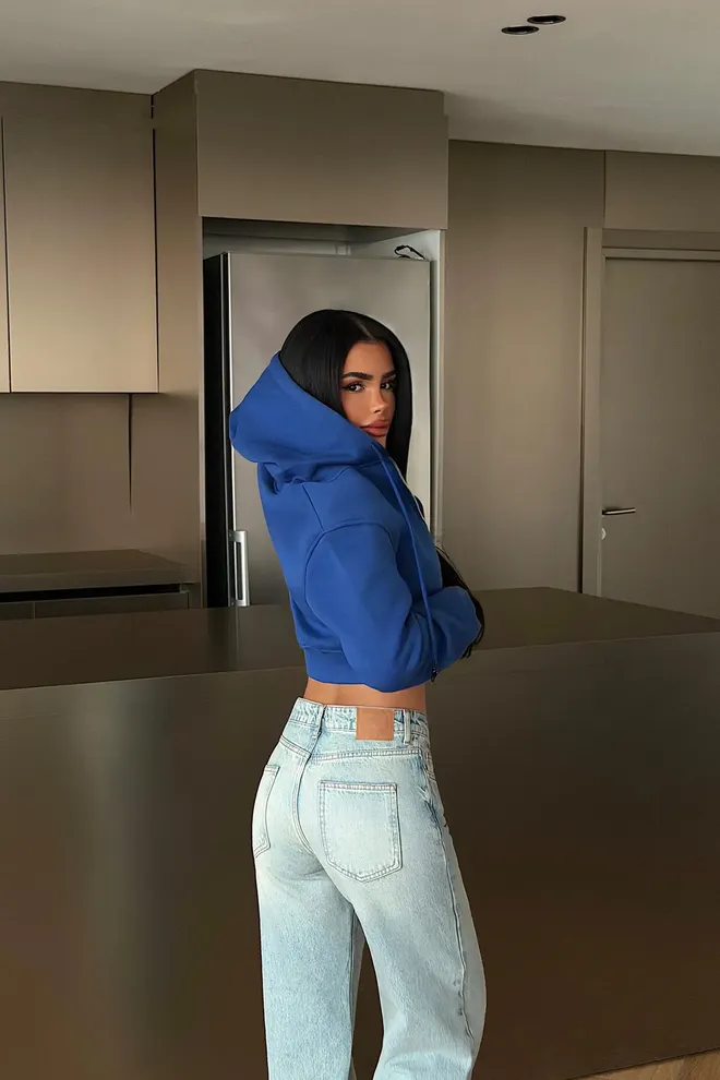 EYYO ATELIER Blue Slim Fit Crop Cardigan With Hooded Neck Wholesale Clothing Spring