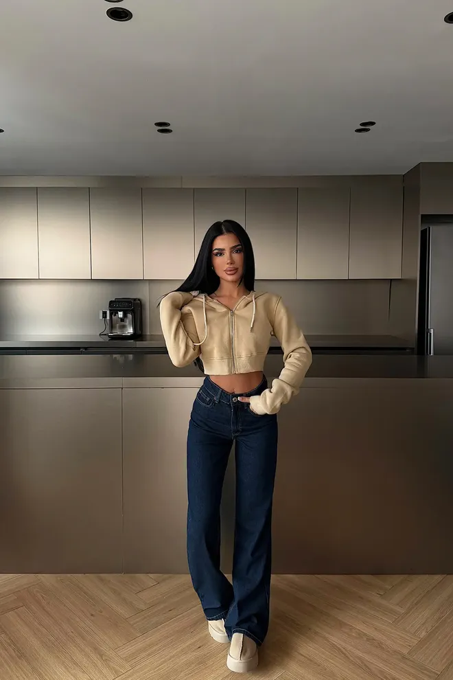 EYYO ATELIER Beige Slim Fit Hooded Neck Crop Cardigan Wholesale Clothing Lounge