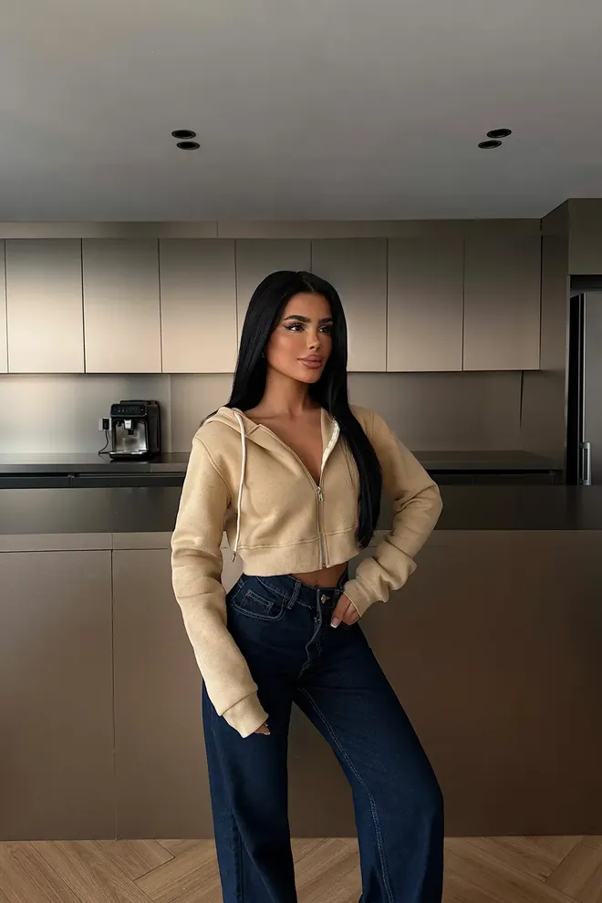 EYYO ATELIER Beige Slim Fit Hooded Neck Crop Cardigan Wholesale Clothing 1