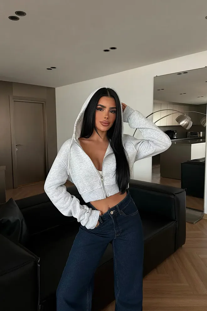 EYYO ATELIER Grey Slim Fit Hooded Neck Crop Cardigan Wholesale Clothing Lounge