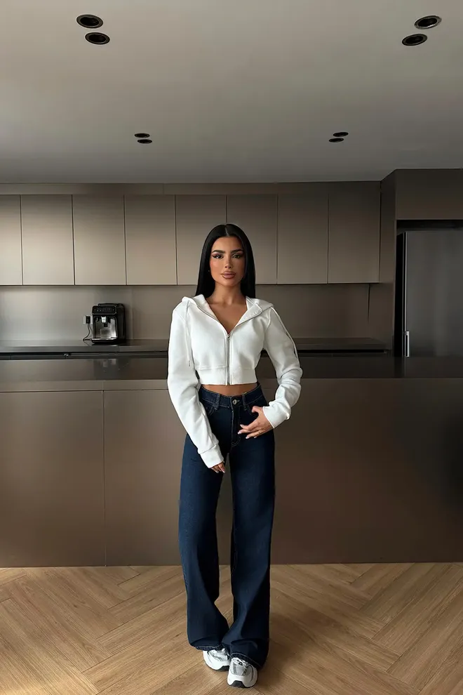 EYYO ATELIER White Slim Fit Zip Up Crop Cardigan With Hooded Neck Wholesale Clothing Lounge