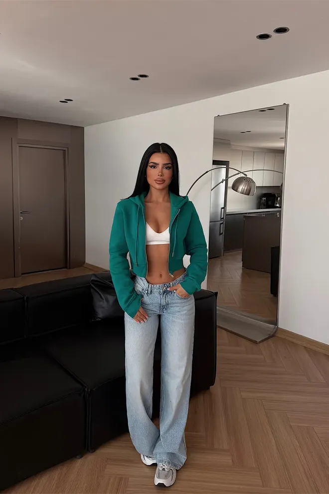 EYYO ATELIER Green Slim Fit Casual Zip Up V Neck Crop Cardigan Wholesale Clothing Lounge