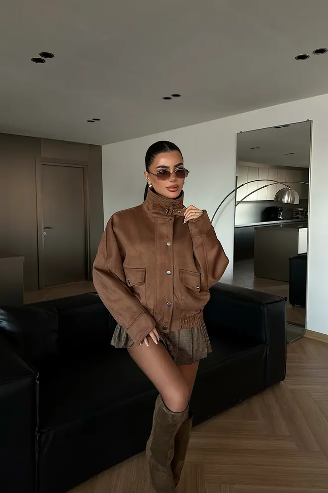 EYYO ATELIER Кафяв Бомбер С Висока Яка И Широка Кройка Дрехи на едро Небрежен