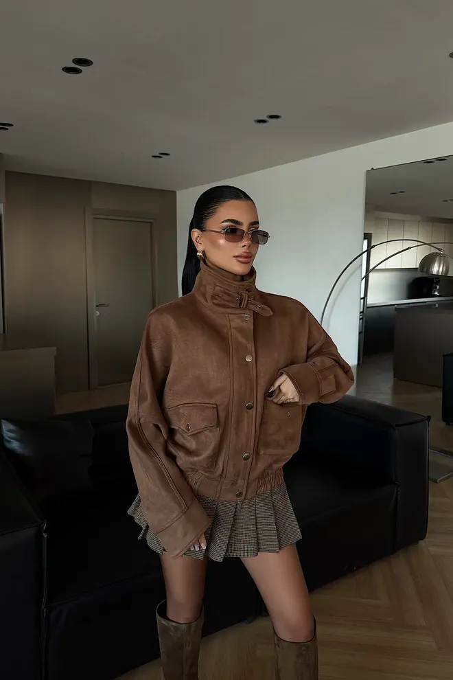 EYYO ATELIER Brown Bomber Jacket With High Collar And Oversized Fit Wholesale Clothing 1