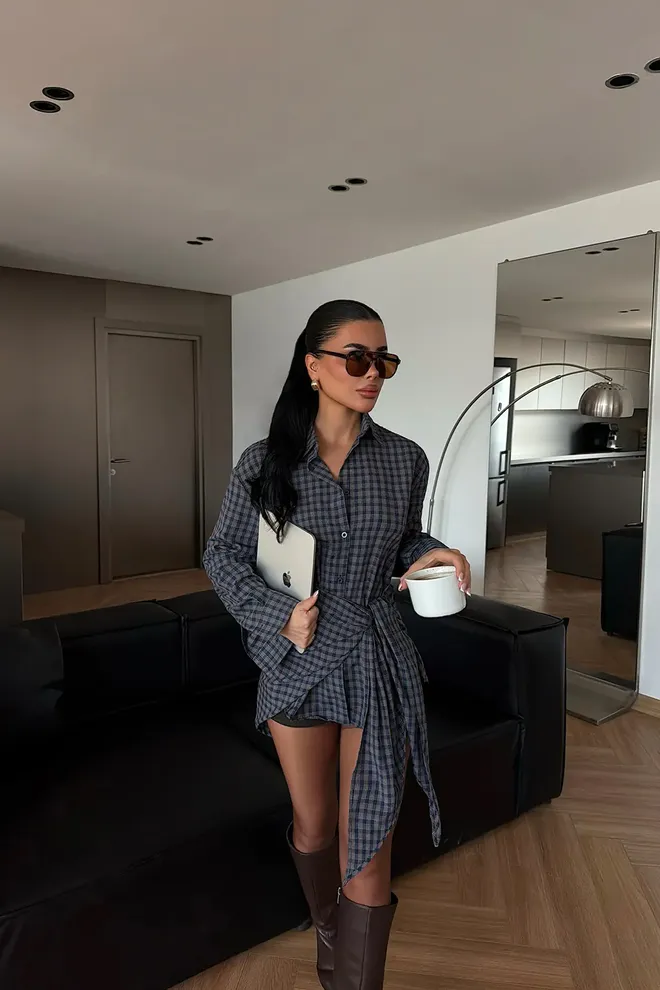 EYYO ATELIER Grey Checkered Casual Shirt Wholesale Clothing 1