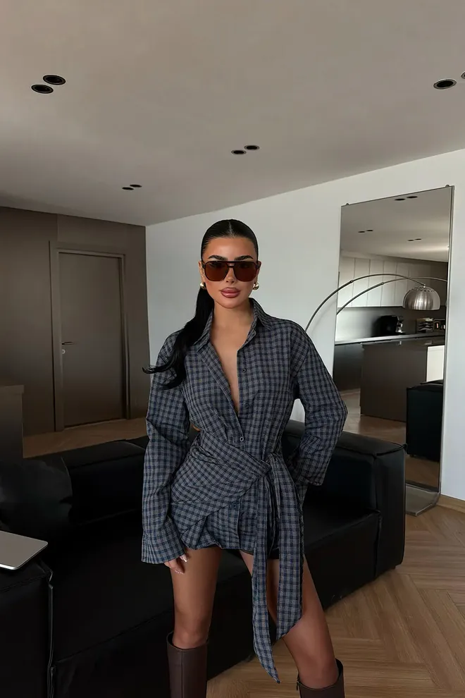 EYYO ATELIER Camisa Casual A Cuadros Gris Ropa al por mayor Casual