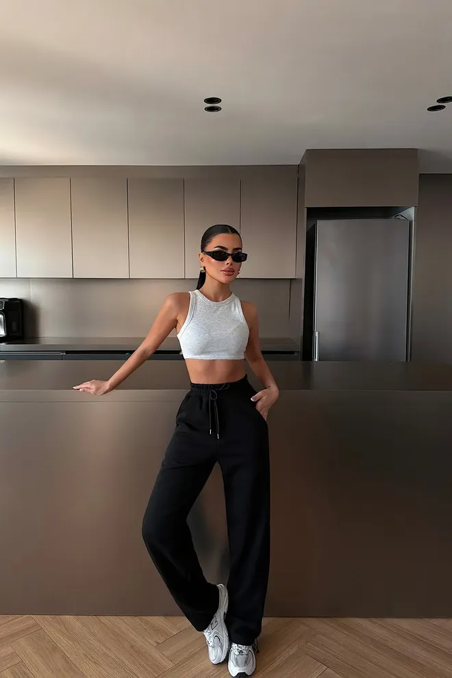 EYYO ATELIER Pantalón De Chándal Negro Jogger Con Cintura Alta Y Cordón Ropa al por mayor Salón