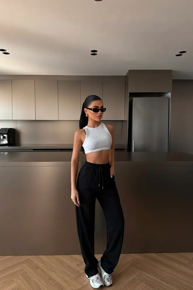 EYYO ATELIER Pantalón De Chándal Negro Jogger Con Cintura Alta Y Cordón Ropa al por mayor 1