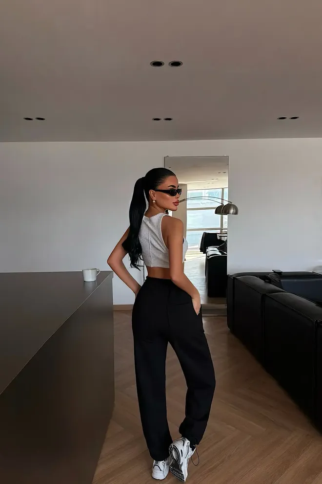 EYYO ATELIER Pantalón De Chándal Negro Jogger Con Cintura Alta Y Cordón Ropa al por mayor Primavera