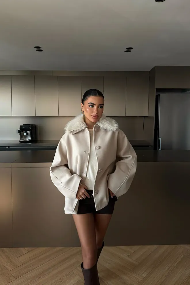 EYYO ATELIER Beige Shacket Jacket With Oversized Fit Wholesale Clothing 1