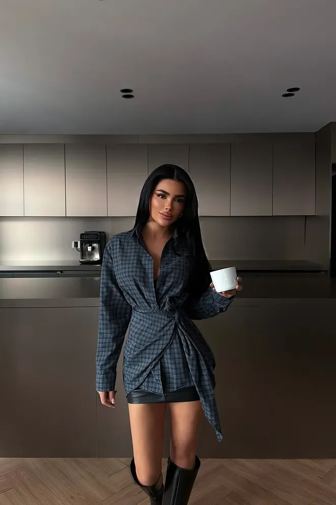 EYYO ATELIER Серая Клетчатая Рубашка С Зубчатым Вырезом И Застежкой На Пуговицы Оптовая продажа одежды 1