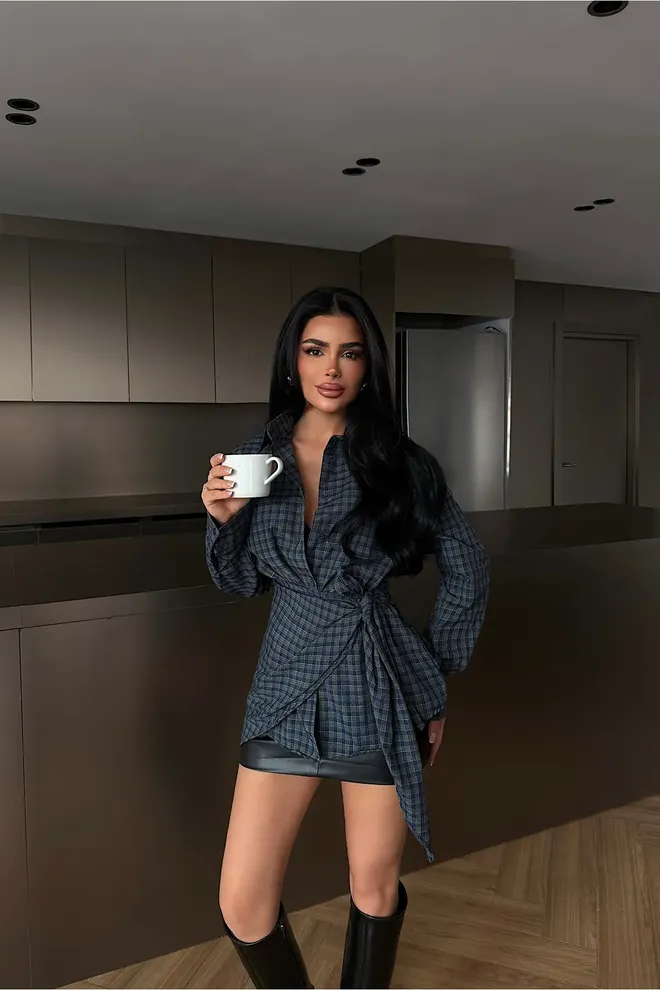 EYYO ATELIER Сива Карирана Кошуља Са Нотцхед Оковратником И Закопчавањем На Дугмад Велепродаја одеће Неформалан