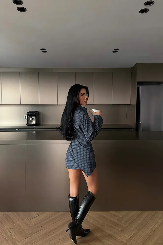 EYYO ATELIER Серая Клетчатая Рубашка С Зубчатым Вырезом И Застежкой На Пуговицы Оптовая продажа одежды Весна