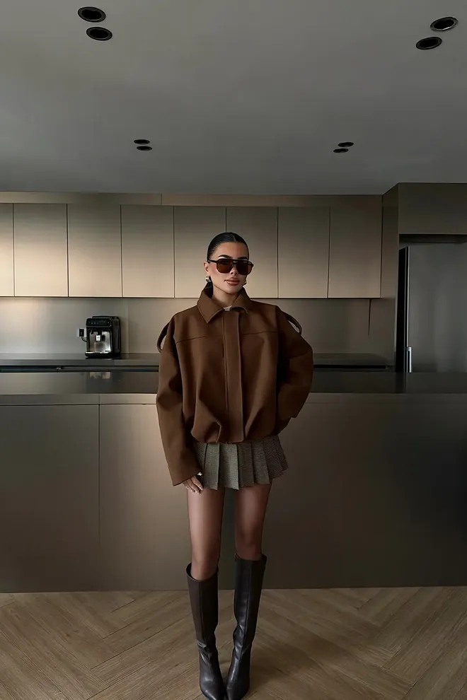 EYYO ATELIER Jaqueta Sobrecamisa Castanho Com Colar De Pontas Roupas por atacado Casual