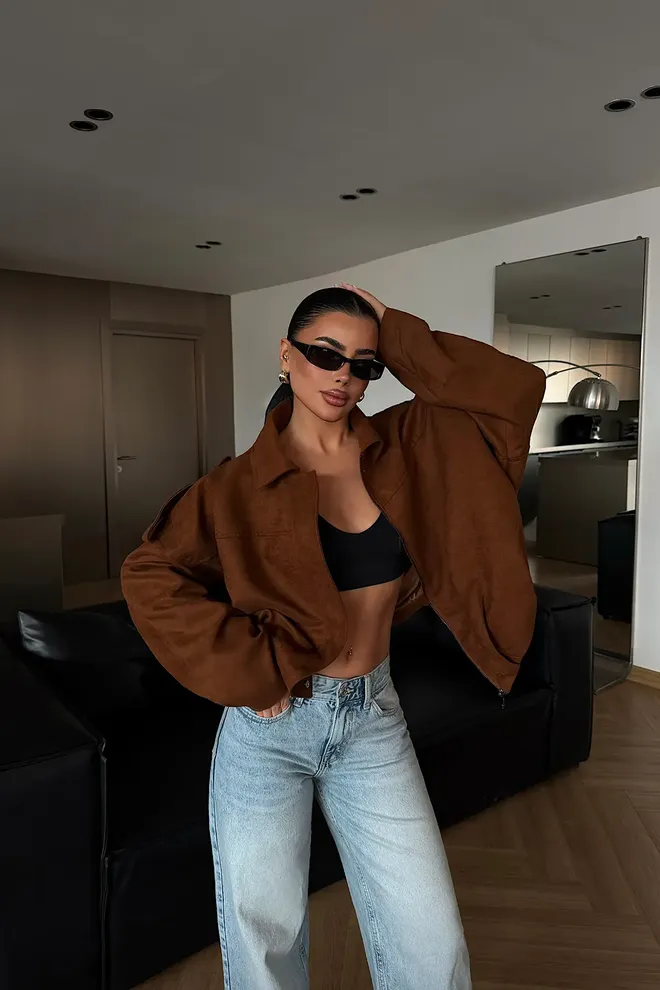 EYYO ATELIER Jaqueta Bomber Castanha Com Zíper Roupas por atacado Casual