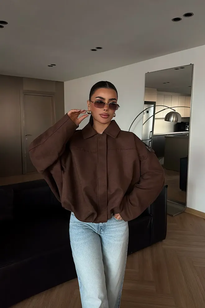 EYYO ATELIER Brown Jacket Overshirt With Zip Up Closure Wholesale Clothing 1