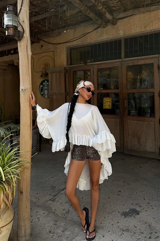 EYYO ATELIER White Oversized Fit Ruffle Sleeve Blouse Wholesale Clothing Casual