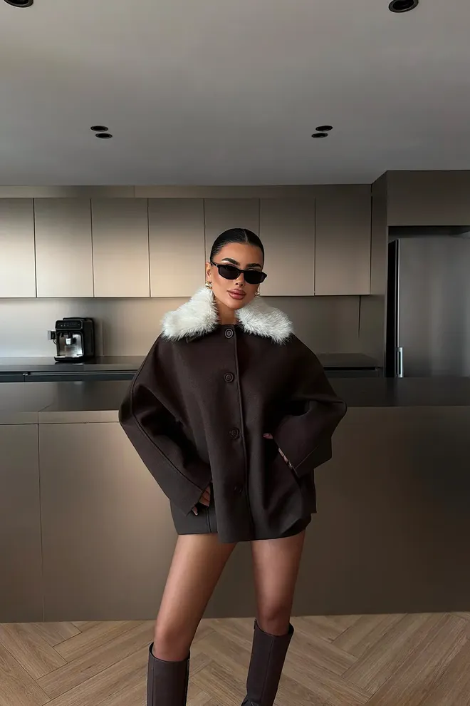 EYYO ATELIER Brown Elegant Overshirt Jacket With Point Collar Wholesale Clothing 1