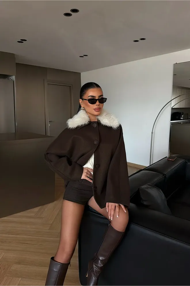 EYYO ATELIER Brown Elegant Overshirt Jacket With Point Collar Wholesale Clothing Casual