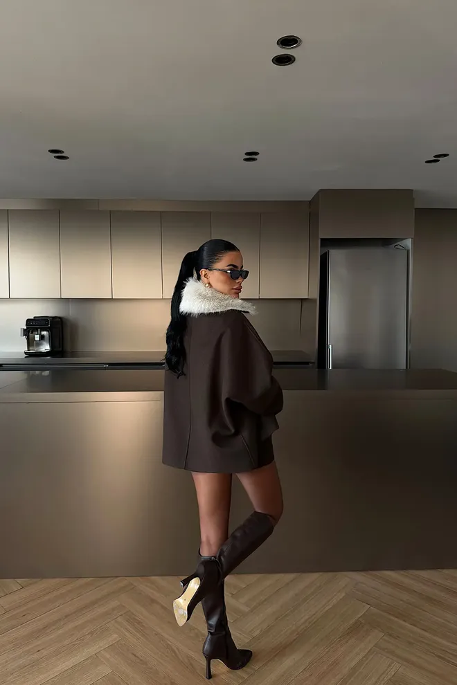 EYYO ATELIER Brown Elegant Overshirt Jacket With Point Collar Wholesale Clothing Fall