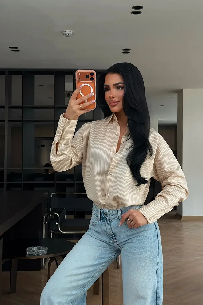 EYYO ATELIER Béžová Pruhovaná Neformálna Košeľa S Dlhým Rukávom Veľkoobchod s oblečením Neformálny