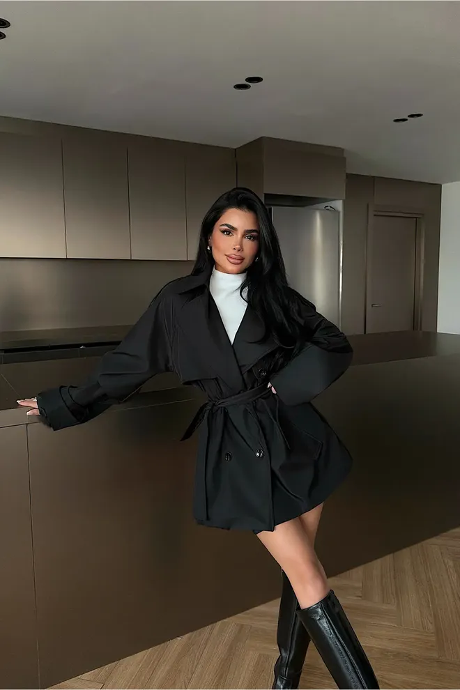 EYYO ATELIER Черно Двуредно Палто С Уголемена Големина Дрехи на едро Небрежен