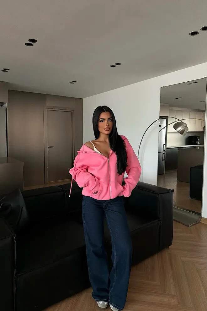 EYYO ATELIER Pink Cardigan With Hooded Neck & Kangaroo Pocket Wholesale Clothing 1