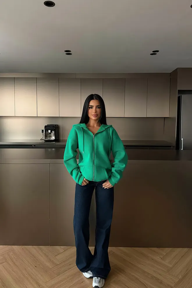 EYYO ATELIER Zelený Neformálny Oversized Kardigán Na Zips S Kapucňou Veľkoobchod s oblečením Neformálny