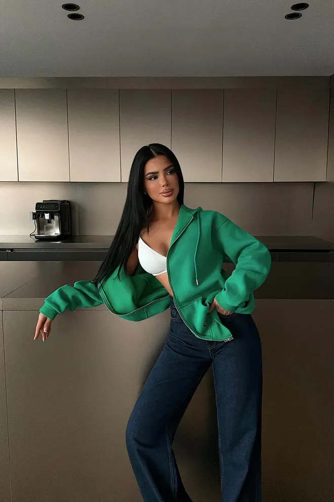 EYYO ATELIER Zelený Neformálny Oversized Kardigán Na Zips S Kapucňou Veľkoobchod s oblečením 1