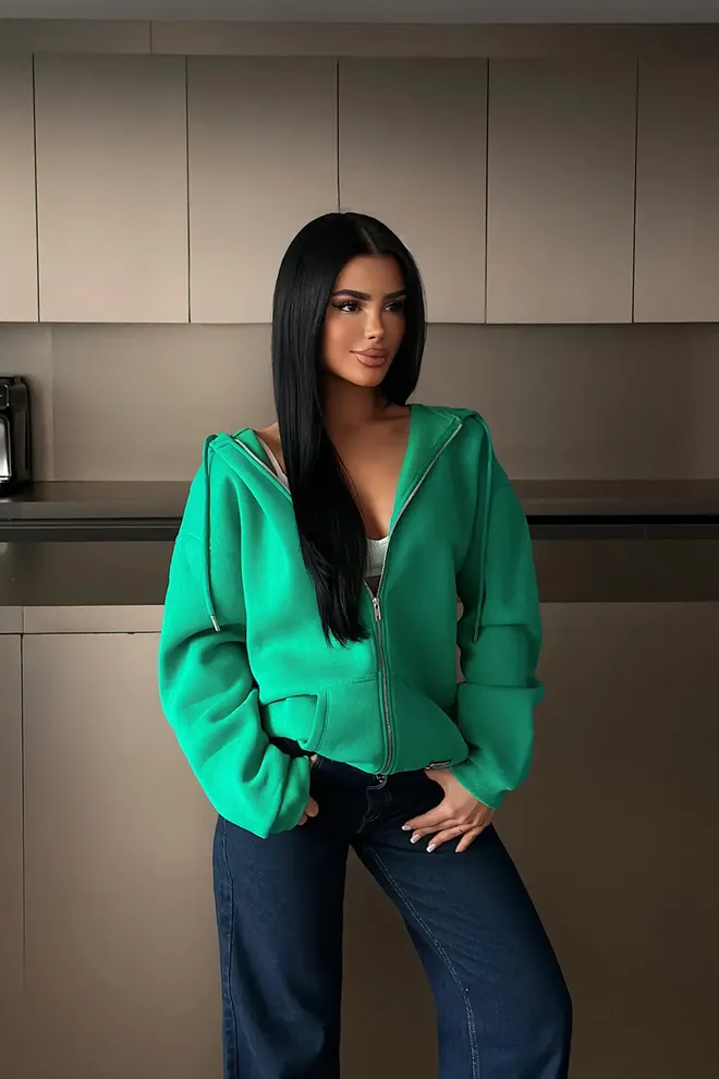 EYYO ATELIER Zelený Neformálny Oversized Kardigán Na Zips S Kapucňou Veľkoobchod s oblečením Doma