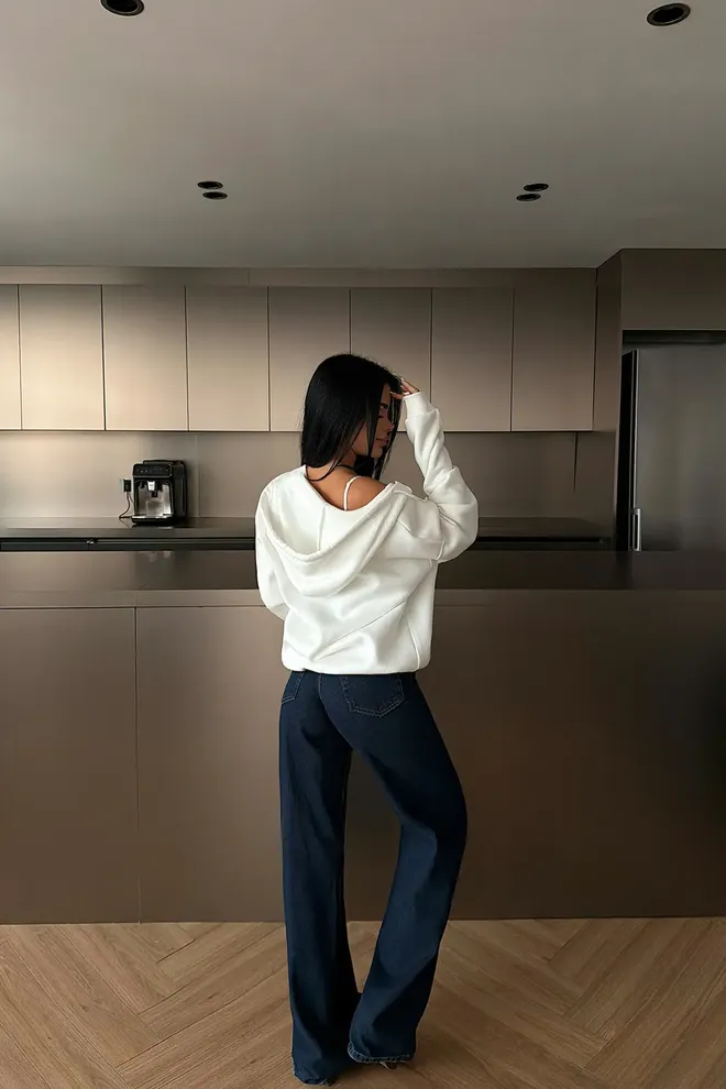 EYYO ATELIER Biely Oversized Kardigán Na Zips S Kapucňou Veľkoobchod s oblečením Jar