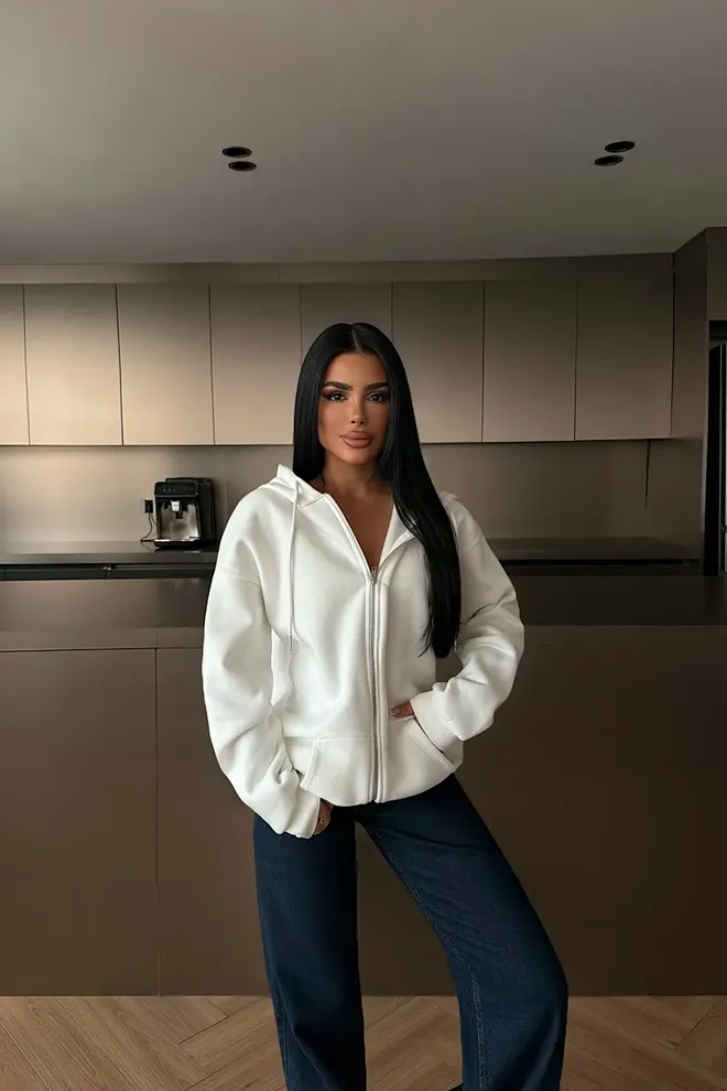 EYYO ATELIER Biely Oversized Kardigán Na Zips S Kapucňou Veľkoobchod s oblečením 1