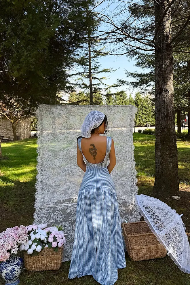 EYYO ATELIER Blue Fit And Flare Dress With V Neck And Cap Sleeves Wholesale Clothing Boho