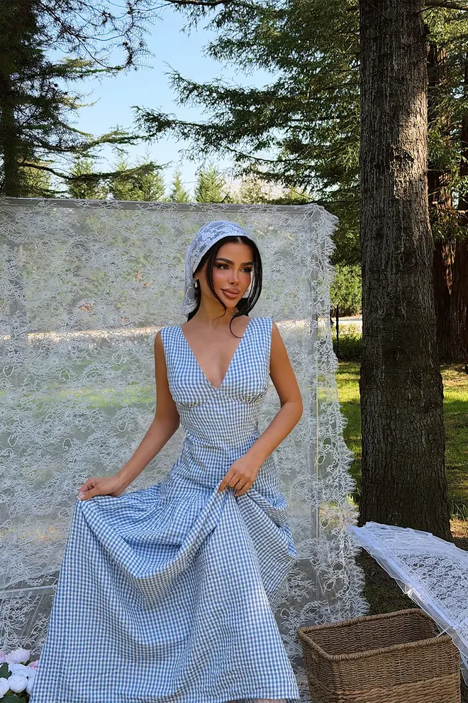 EYYO ATELIER Blue Fit And Flare Dress With V Neck And Cap Sleeves Wholesale Clothing Spring