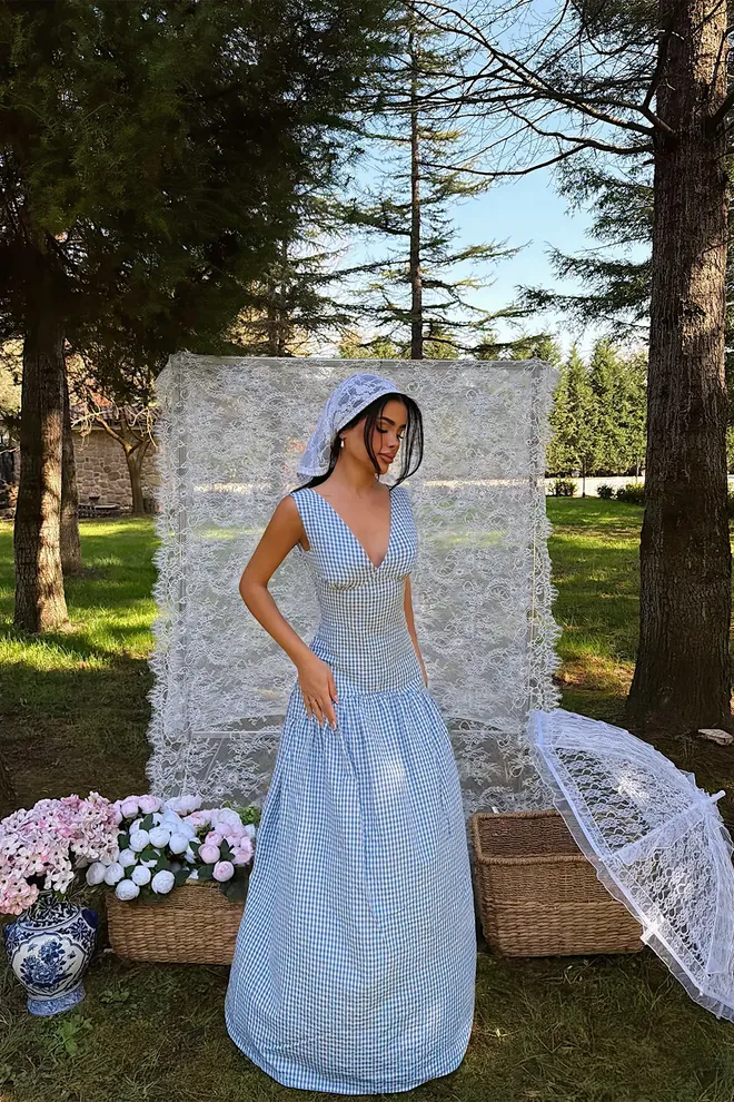 EYYO ATELIER Blue Fit And Flare Dress With V Neck And Cap Sleeves Wholesale Clothing Birthday