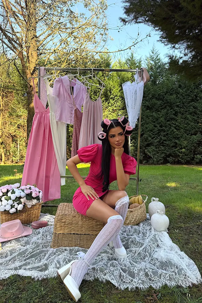 EYYO ATELIER Fuchsia Bodycon Mini Dress With Puff Short Sleeves Wholesale Clothing Sexy