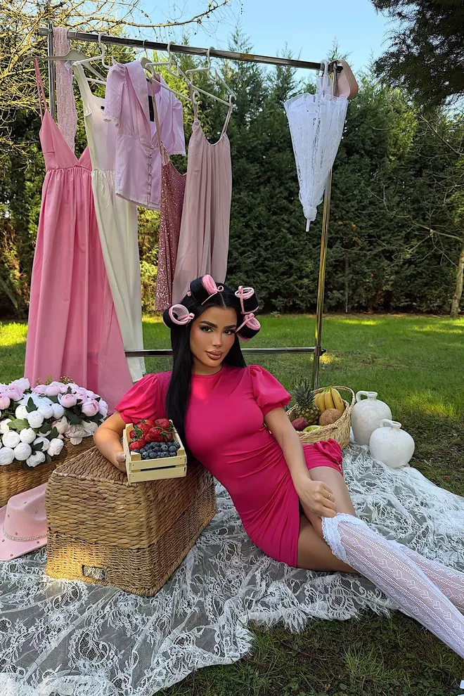 EYYO ATELIER Fuchsia Bodycon Mini Dress With Puff Short Sleeves Wholesale Clothing 1