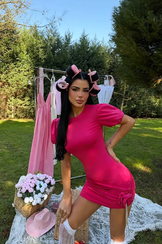 EYYO ATELIER Fuchsia Bodycon Mini Dress With Puff Short Sleeves Wholesale Clothing Spring