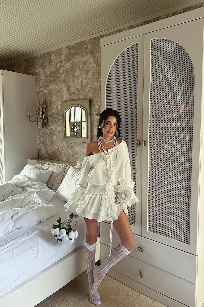 EYYO ATELIER Witte Elegante Off Shoulder Mini A lijn Jurk Groothandel Kleding Vintage