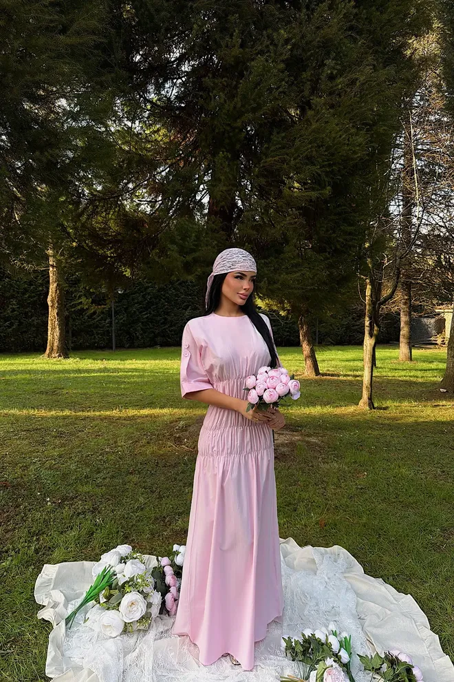 EYYO ATELIER Rochie Shift Roz Cu Mâneci Trei Sferturi Și Guler Rotund Îmbrăcăminte cu ridicata Conservator