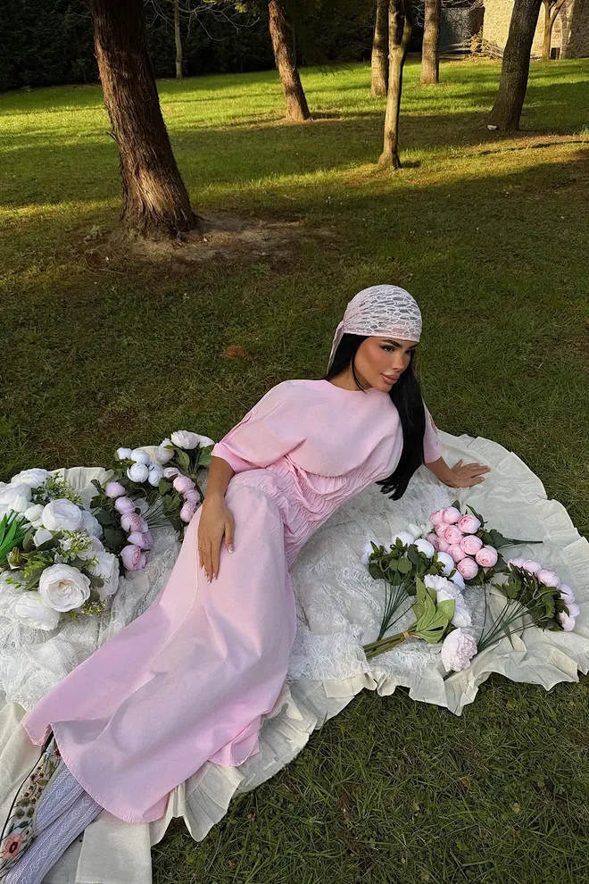 EYYO ATELIER Pink Shift Dress With Half Sleeves And Round Neck Wholesale Clothing Lounge