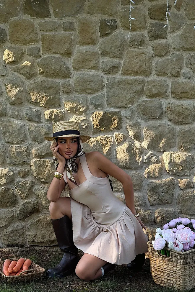 EYYO ATELIER Beige Fit And Flare Mini Dress With Square Neck Wholesale Clothing 1