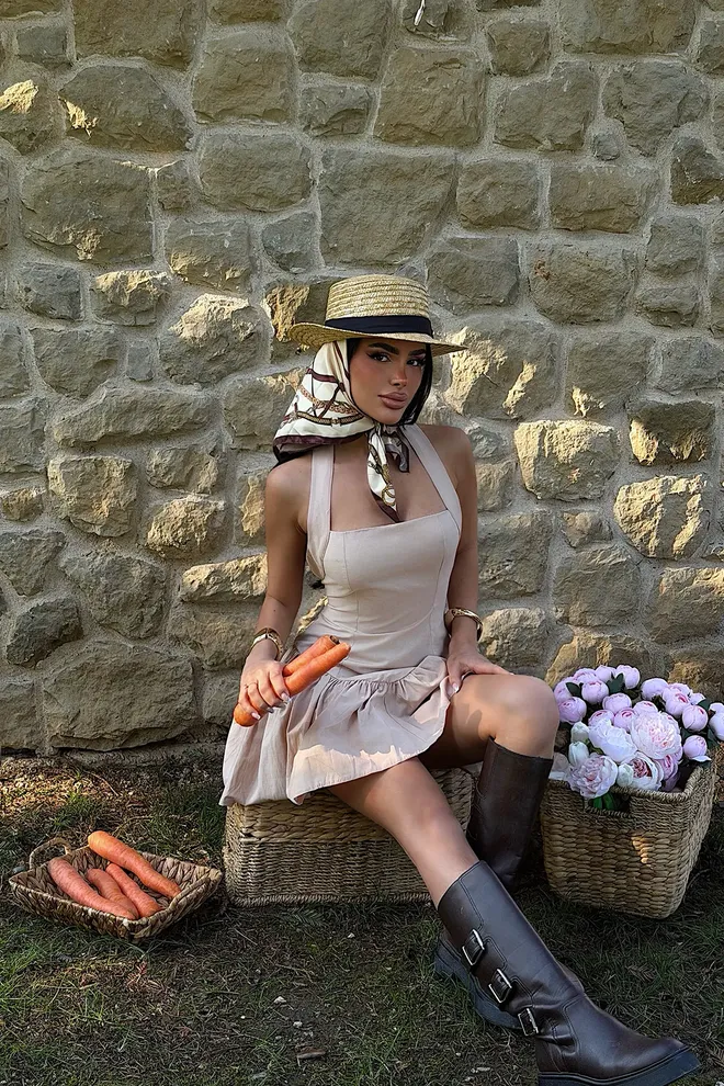 EYYO ATELIER Beige Fit And Flare Mini Dress With Square Neck Wholesale Clothing Lounge