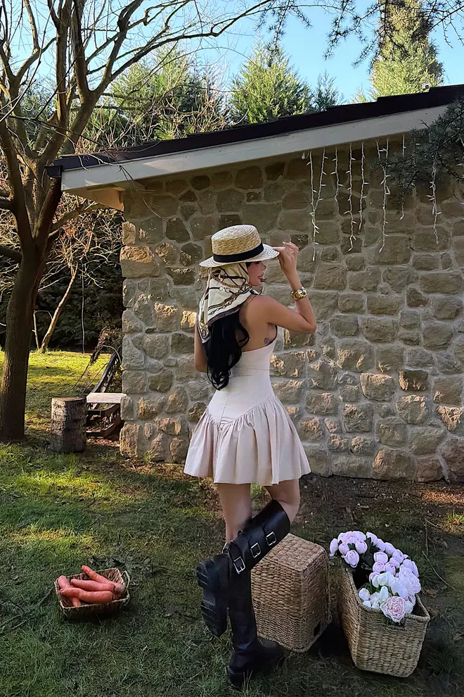 EYYO ATELIER Beige Fit And Flare Mini Dress With Square Neck Wholesale Clothing Vintage