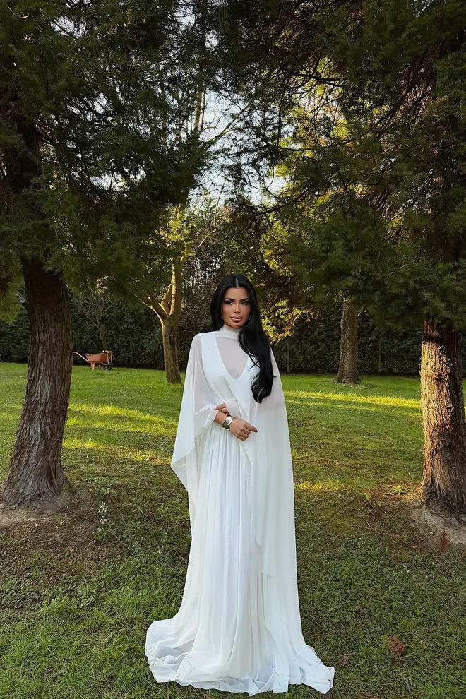 EYYO ATELIER Vestido Blanco Elegante En Línea A Con Mangas Capa Ropa al por mayor Modesto