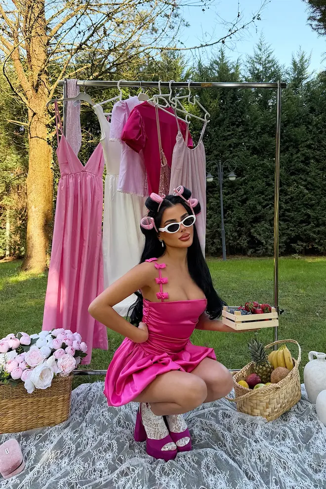 EYYO ATELIER Vestido Mini Fucsia Fit And Flare Con Escote Cuadrado Ropa al por mayor Casual